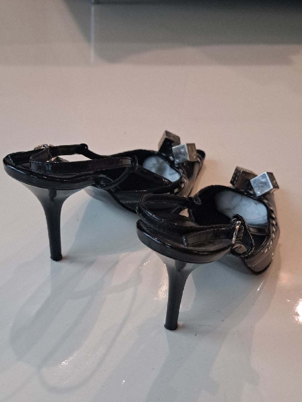 Dior Black Patent Leather Pointed Slingback Heels with Silver Hardware - Picture 2 of 4